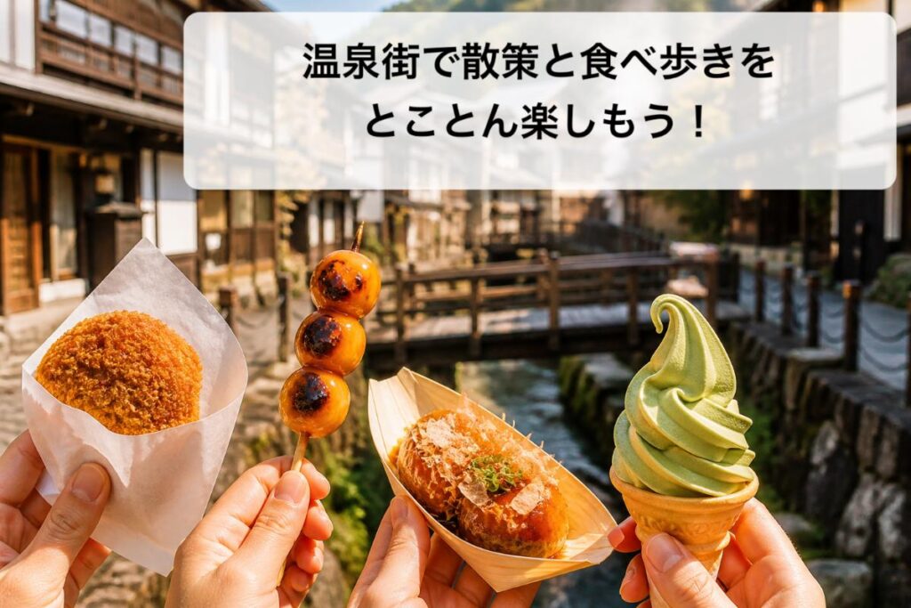 温泉街で散策と食べ歩きをとことん楽しもう！
